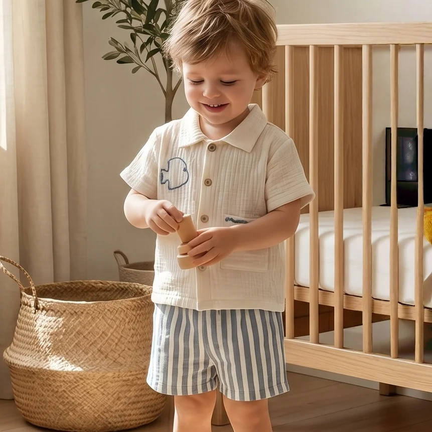 

3M-3Y Summer Baby Cotton Set Fish Embroidery Shirt+Striped Shorts 2Pcs Clothes for Boys Korean Style Infant Outfit