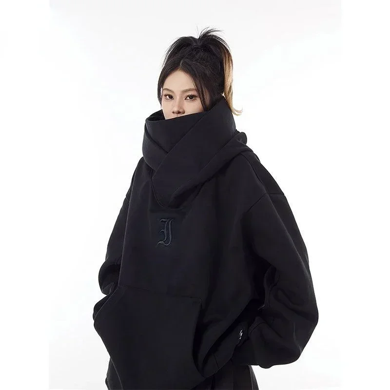 Simple and Fashionable Autumn and Winter Velvet Turtleneck Hoodie Women's High-end Design Ninja Hooded Jacket Plus Hat Couple