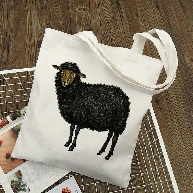 Bolso de mano de lona con patrón de oveja negra para mujer, bolso de playa, bolsos de hombro, bolsas de comestibles, regalo encantador, decoración de compras