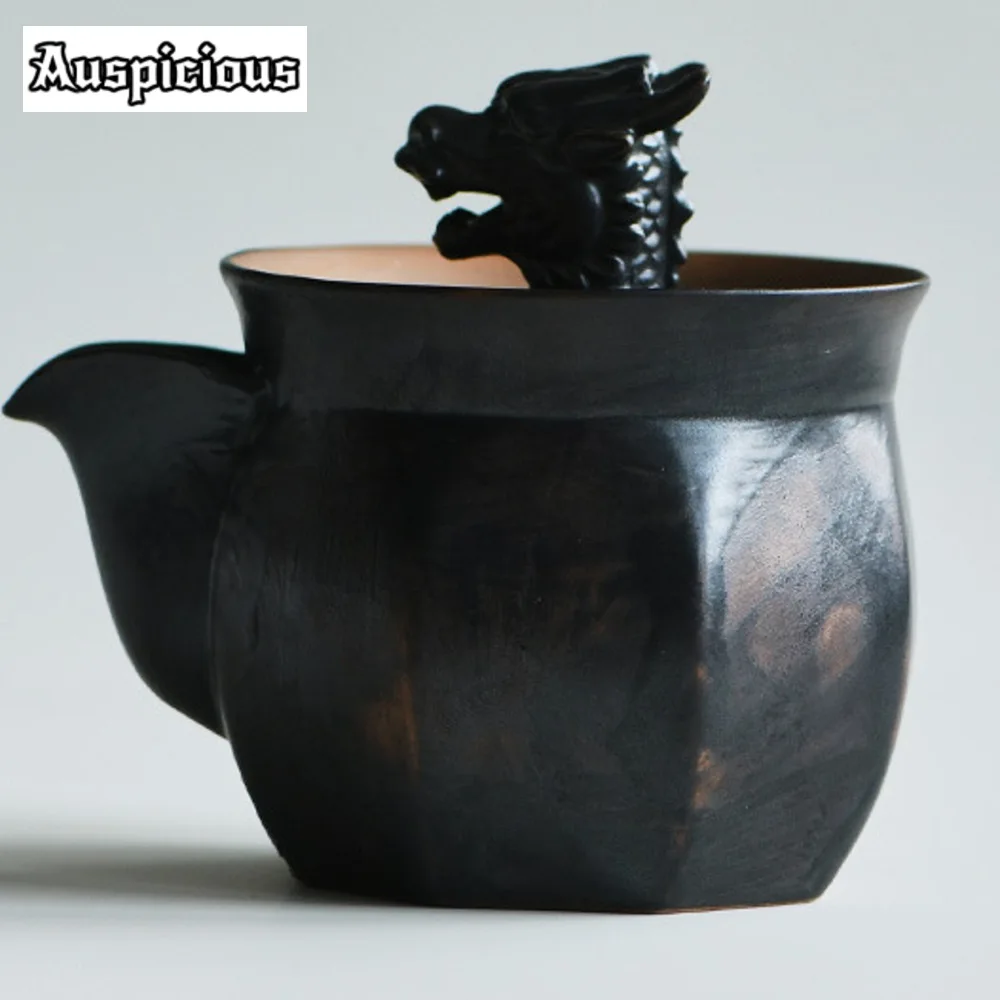 200ml Japanese Rough Pottery Treasure Bottle Pot Handmade Black Glazed Hand Grab Pot Creative Dargon Head Kettle Teaware Gifts