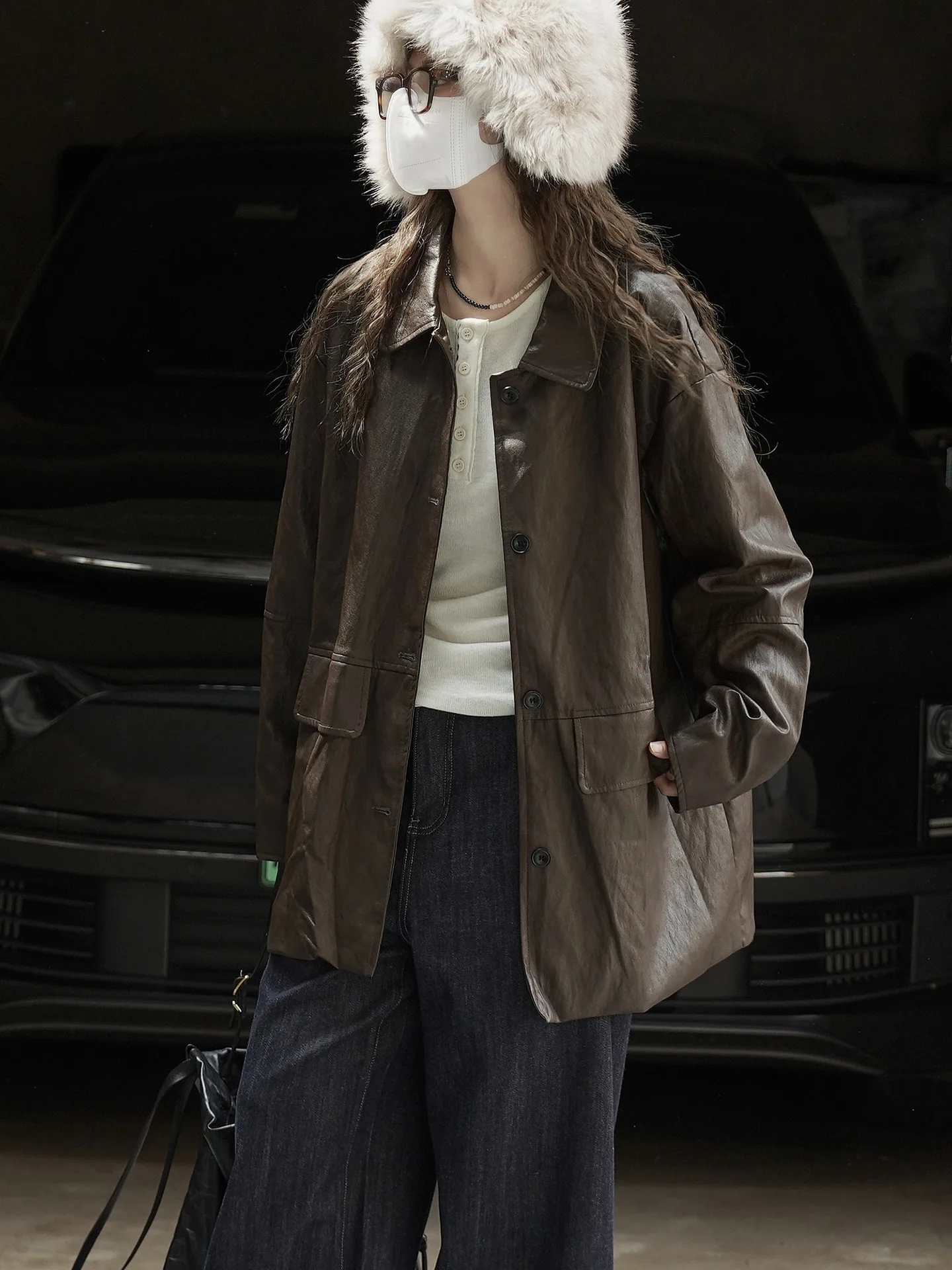 Winter New Korean Style Trendy PU Leather Jacket Loose and Slimming Collar Coat for Women