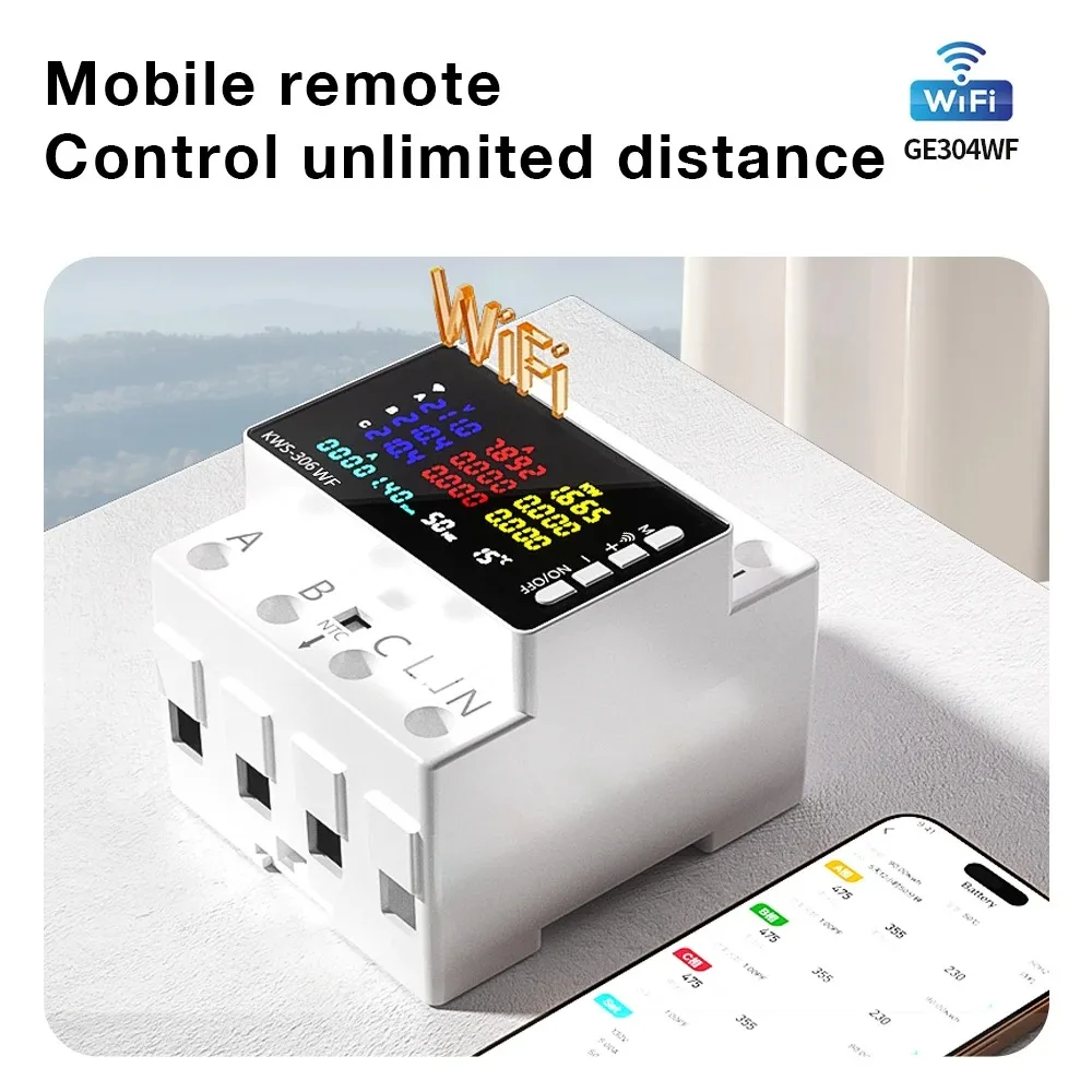 85-290V WiFi Power Meter KWS-306WF Digital Energy Tester Current Voltage Protector Relay Switch Color Screen 3P Guide Rail Table