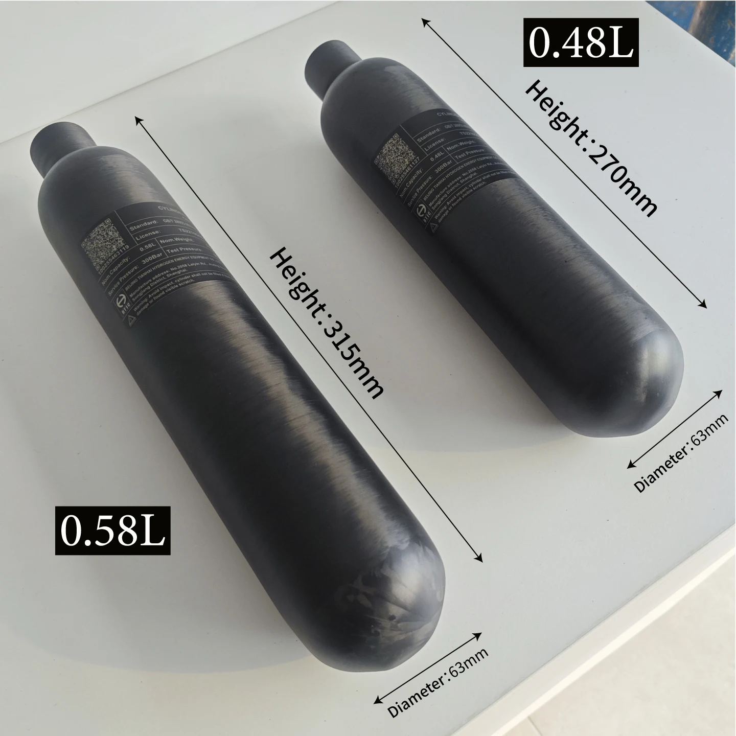 4500PSI 300Bar 30MPA0.48L，480cc/0.58L，580cc/ Carbon Fiber Cylinder HPA Tank Diving Scuba Bottle M18*1.5