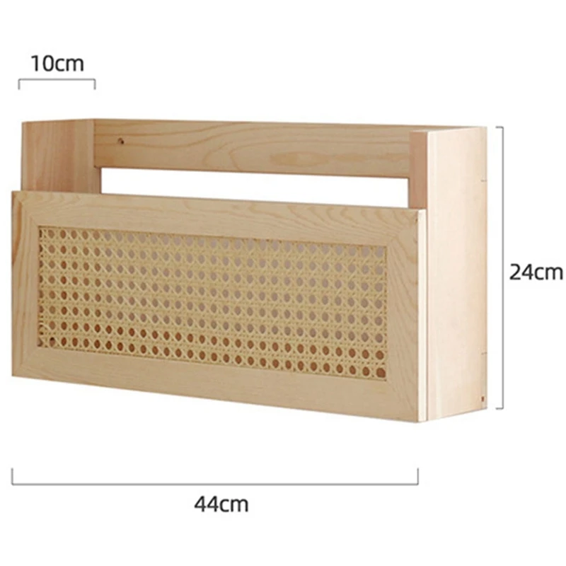 BMBY-Wooden Magazine Wall Rack With Rattan File Holder Hanging File Rattan Bookcase Wooden Mail Organizer For Living Office