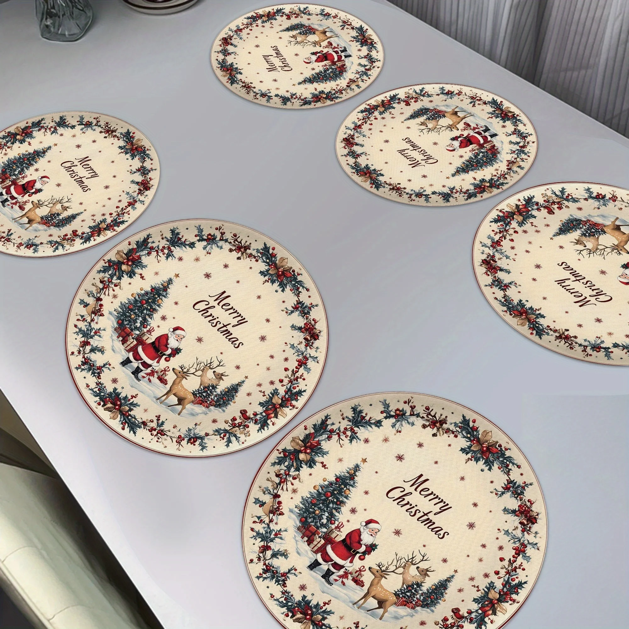 VIKAMA 6PC Weihnachten Holly Berry Rentier Mahlzeit Matte Holly Blätter Rote Beere Rentier Schnee Tisch Restaurant Weihnachtsdekoration