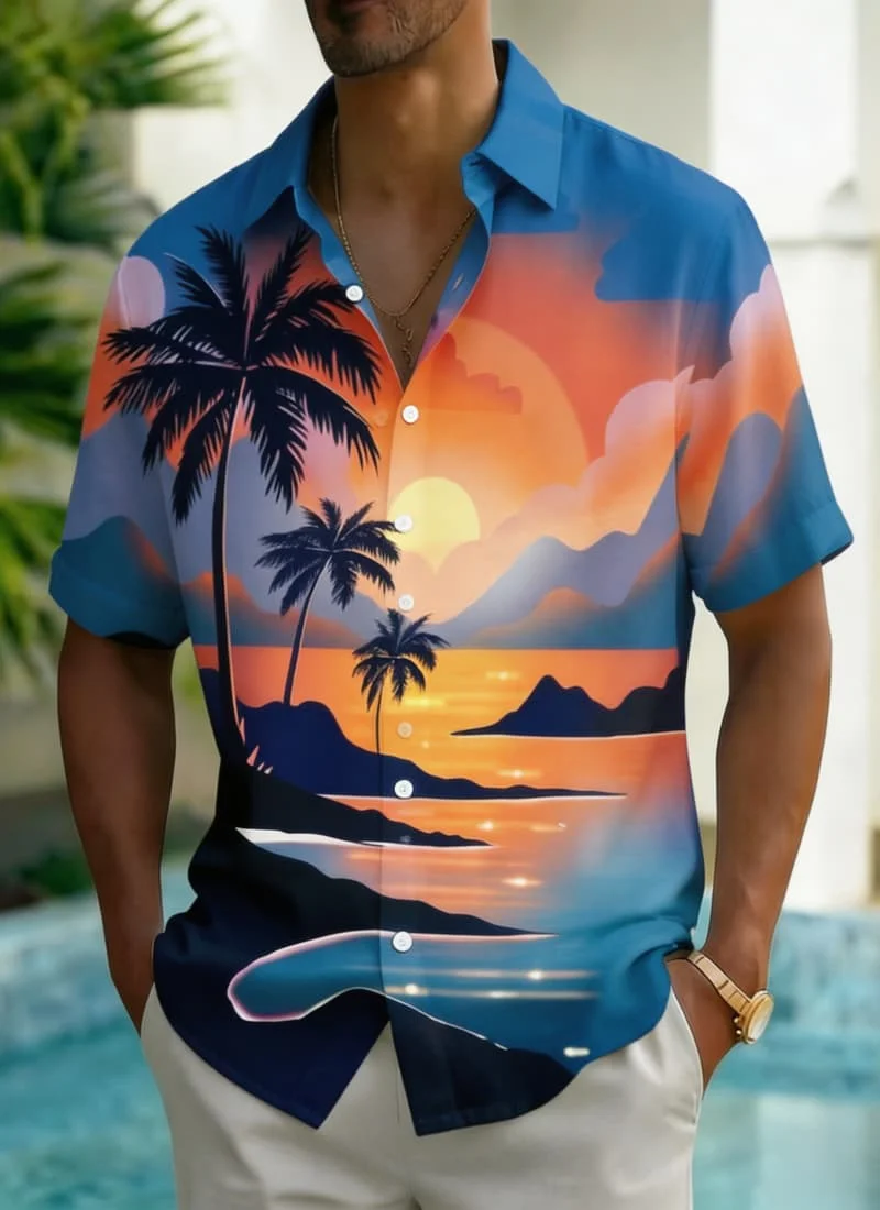 Men's Artistic Scenery Print  Shirt, Trendy Casual Wear for Summer, Beach Trips, Daily Outings & Street Fashion