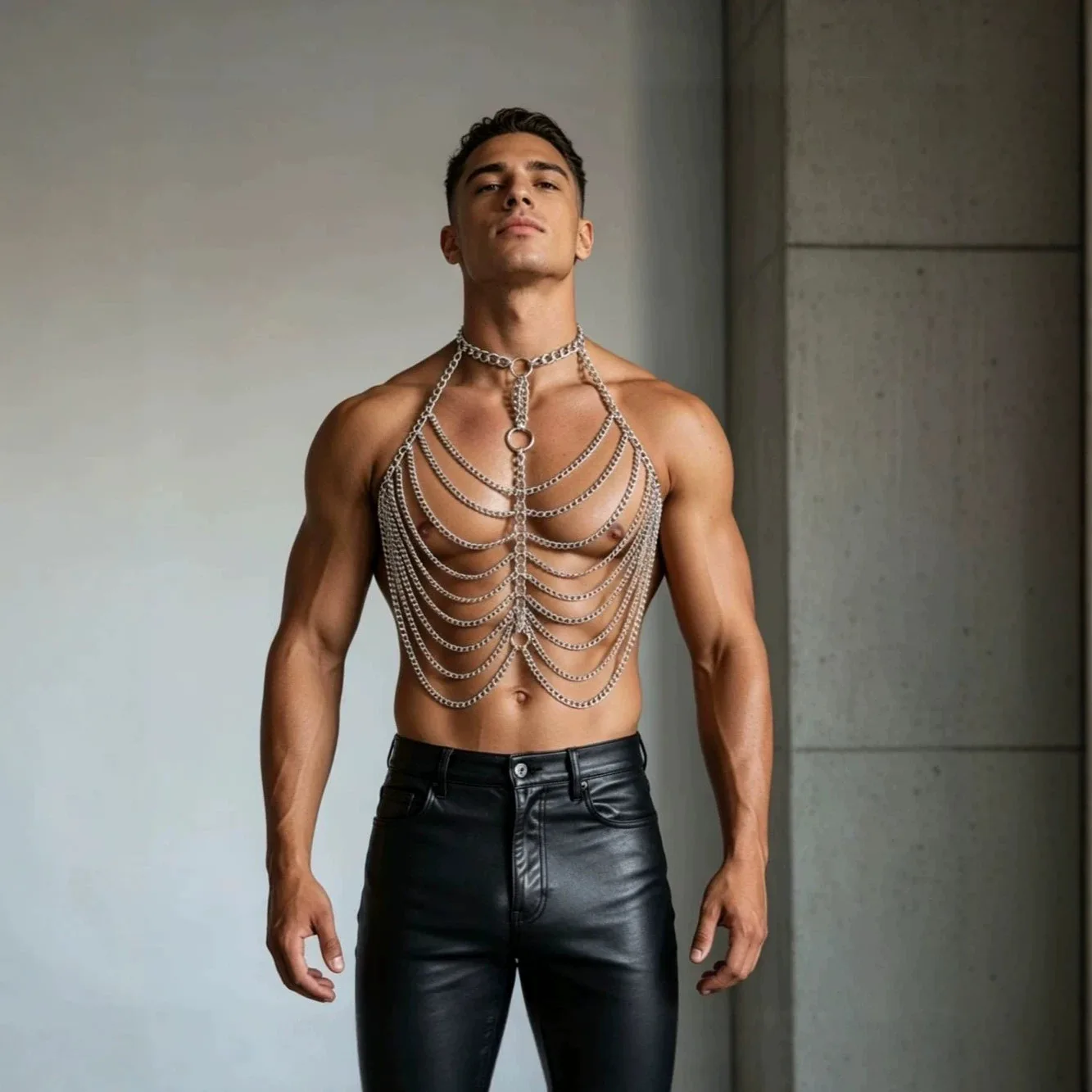 Men's Sparkly Silver Metal Body Chain Harness Shiny Sequin Style Layered Chainmail Top For Clubwear Streetwear Men's Sparkly Sil