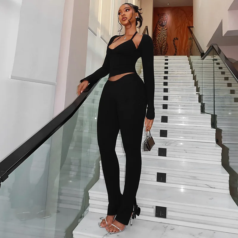Stylish Lady 3Pcs Matching Set Women Halter Cami Long Sleeve Shrug Flare Pants Bow Knot Sexy Night Out Clubwear Outfits