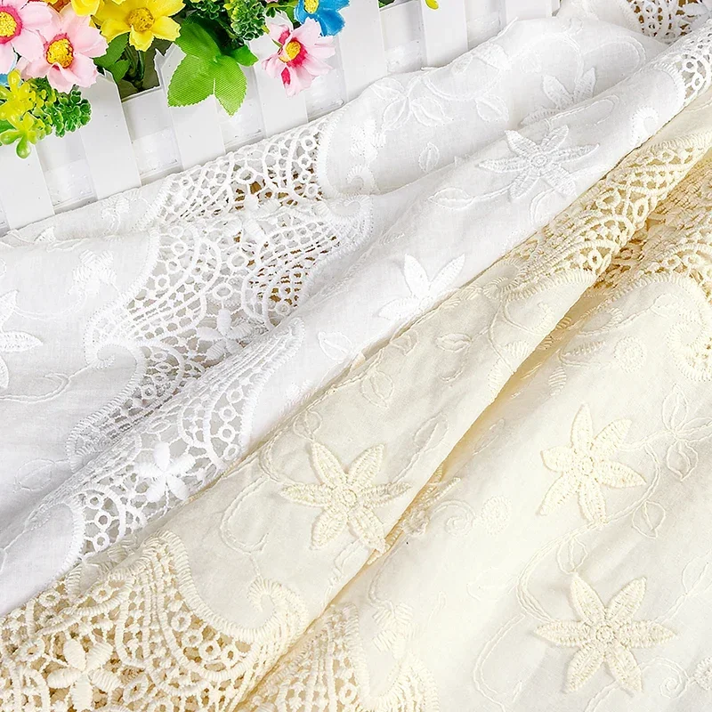 White Hollow Embroidery Lace Fabric, 100% Cotton, Wedding Dress, Fashion Clothing, Skirt Fabric