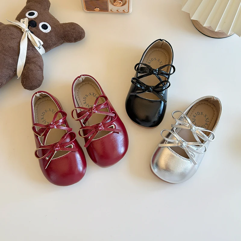 

2025 Girls' Leather Shoes Classic Children's Flat Shoes Princess Shoes Bow Fashion Children's Ballet Shoes