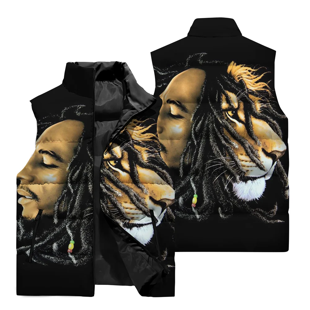 BOB MARLEY 프린트 패턴 조끼, 겨울 야외 스포츠, 방한, 따뜻한 면 조끼, 오버사이즈 스트리트 패션, 재킷
