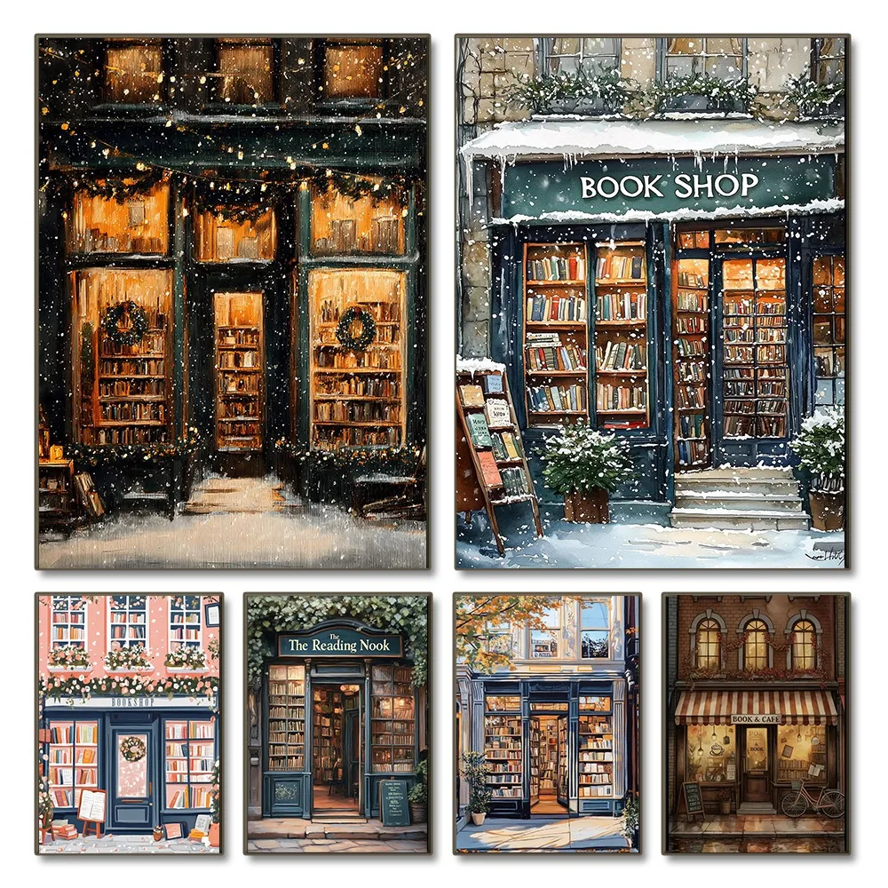Frameless,Bookstore Books and Periodicals Reading Corner Poster Canvas Painting,Hut with Snowflakes,Book Fan Gift,Bedroom Dec