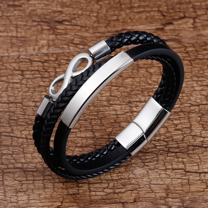 Stainless Steel Leather Bracelet Infinity Logo Special Popular Pattern Men\'s Bracelet DIY  Valentine\'s Day Handsome Gift