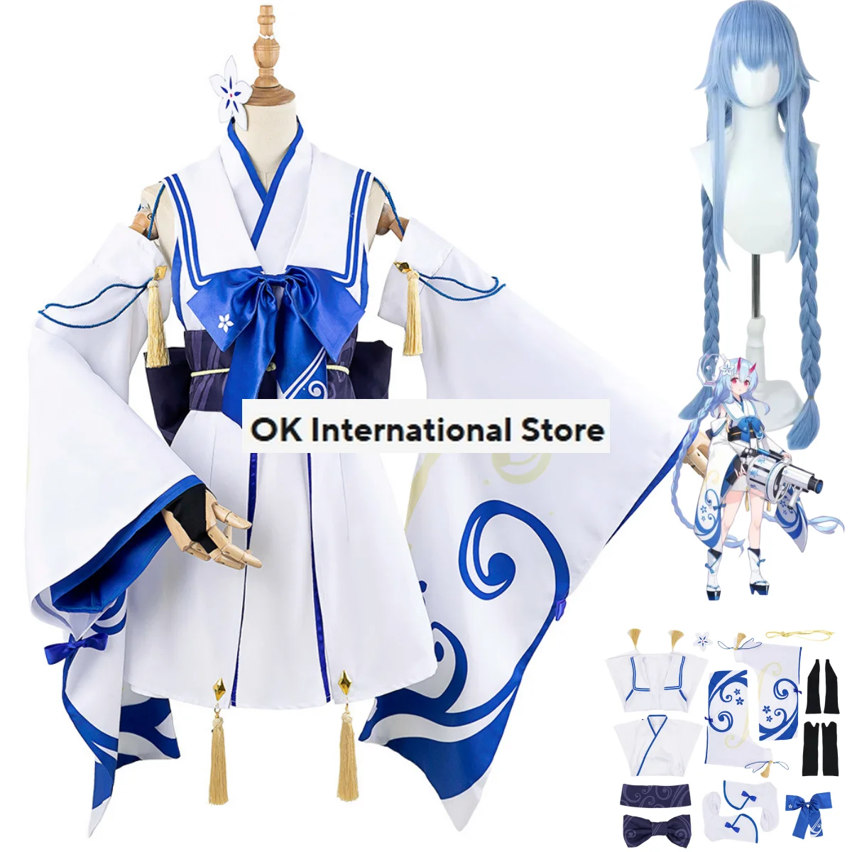 Disfraz de Anime Game Blue Archive Waraku Chise para mujer, peluca Kimono azul japonés, falda Lolita, encantador traje de fiesta de Halloween