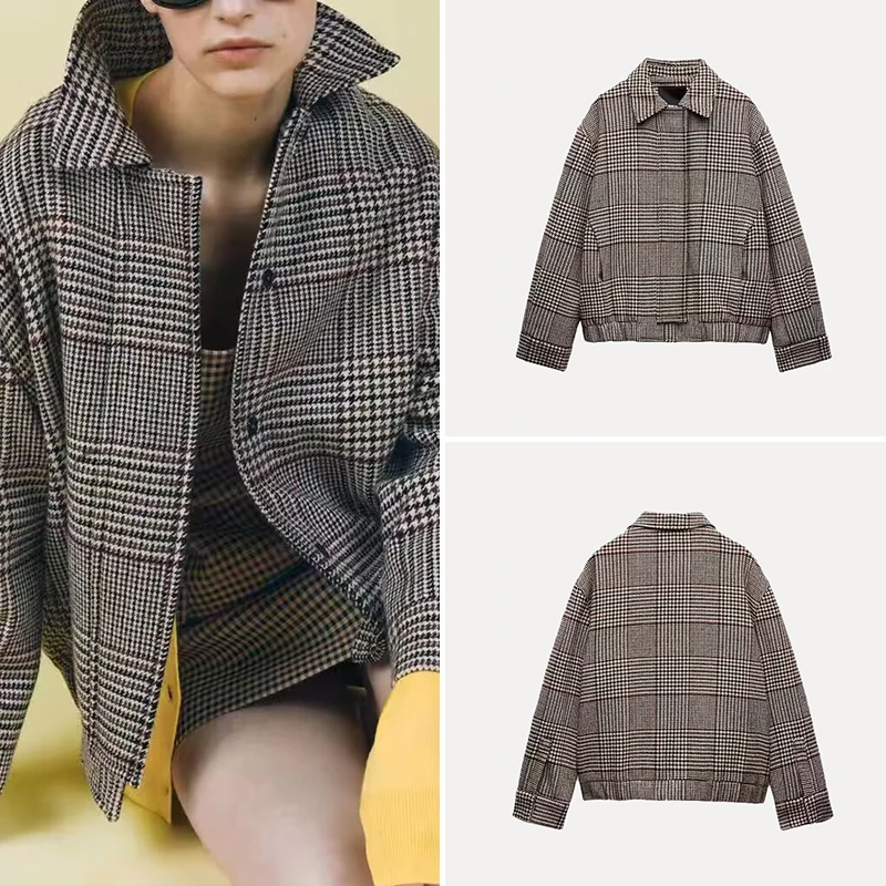 

Faionable Mixed Fiber Plaid Pilot Jaet Women's Spring Summer New Arrival Collar Long Sve Button Closure Coat