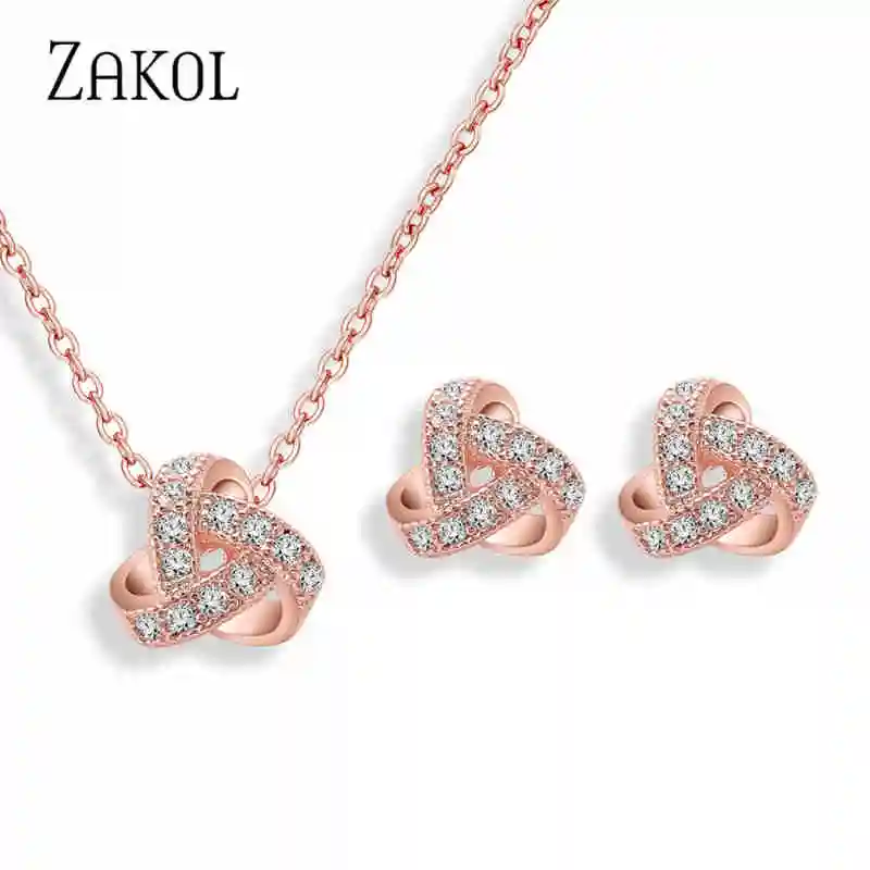 ZAKOL 3 Colors Fashion Bow Cubic Zirconia Necklace & Earring Set for Women Girl Bridal Wedding Jewelry Sets Dress