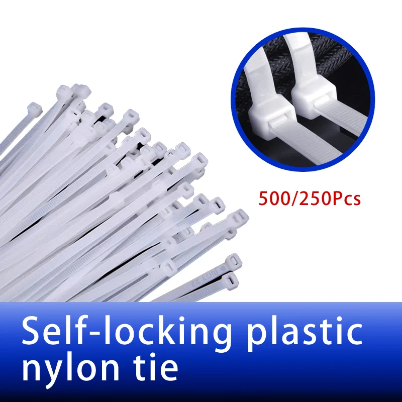 

500/250Pcs Self-locking plastic Cable tie 500mm White Zip wraps strap 300mm nylon cable tie fastening ring Loop Wire Wrap