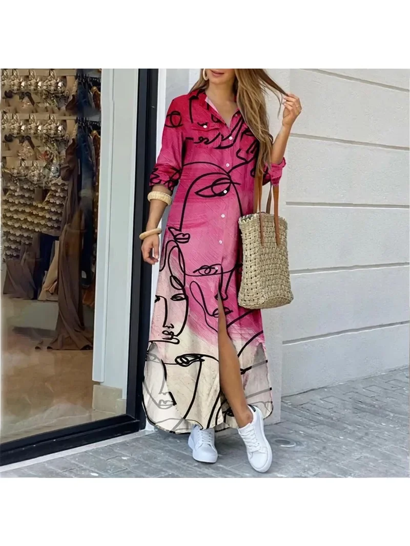 Women\'s Long Sleeved Printed and Ankle Skirt Casual Commuting Long Skirt Spring and Autumn Lapel Button A-line Skirt