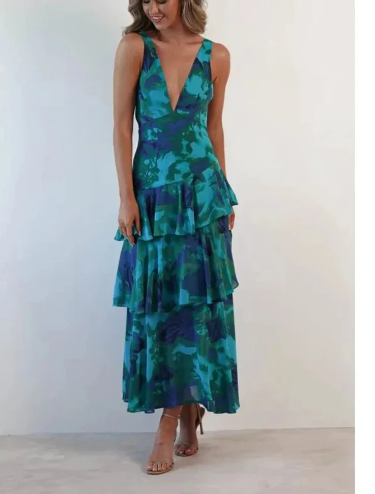 Robes longues à volants élégantes, Sexy, décolleté en V profond, imprimé Floral, style Boho, plage, vacances, robe de soirée décontractée, nouvelles robes