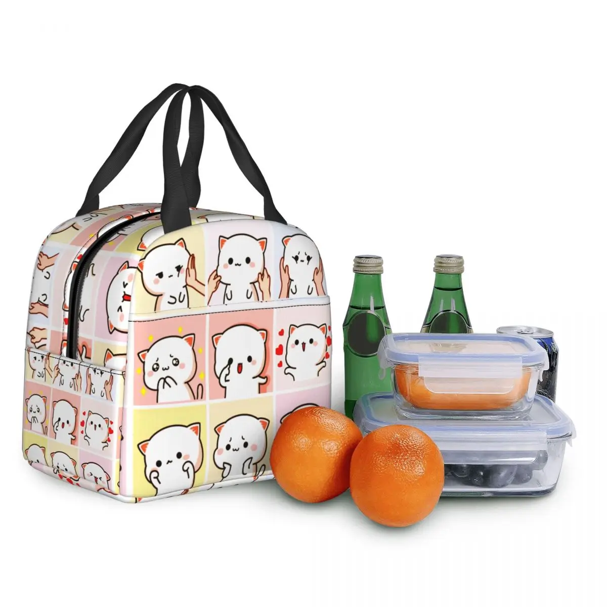 Mochi Cat Peach e Goma Meme Lunch Bag para Mulheres, Refrigerador Térmico, Caixa Isolada para Trabalho, Escritório, Viagem, Piquenique Food Bags, Desenhos Animados