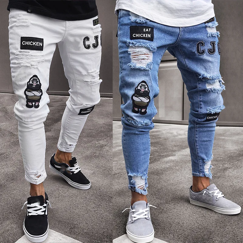 Ripped Jeans for Men Stretchy Skinny Biker Embroidery Cartoon Print Pants Destroyed Hole Slim Fit Denim Low Waist Men's Trousers