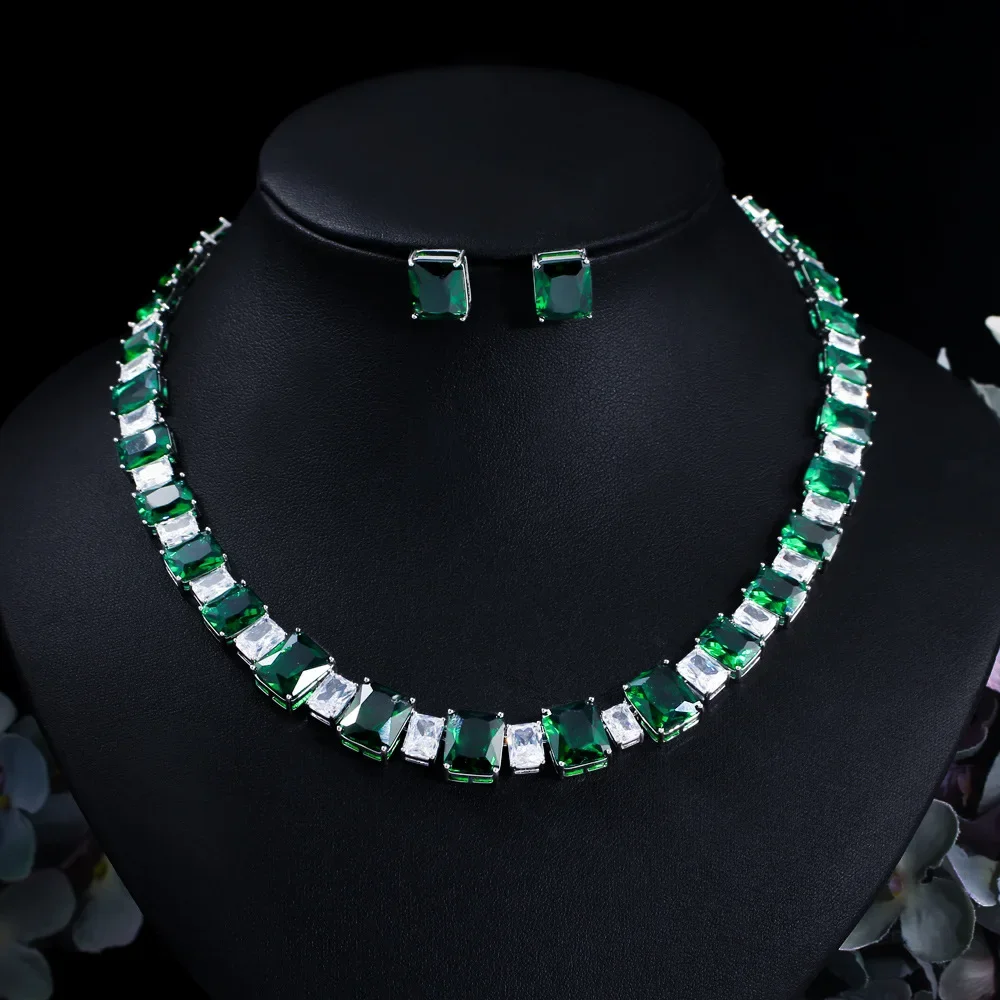 Trendy Lab Emerald Diamond Jewelry set 14K Gold Wedding Chocker Necklace Earrings For Women Bridal sets Engagement Jewelry