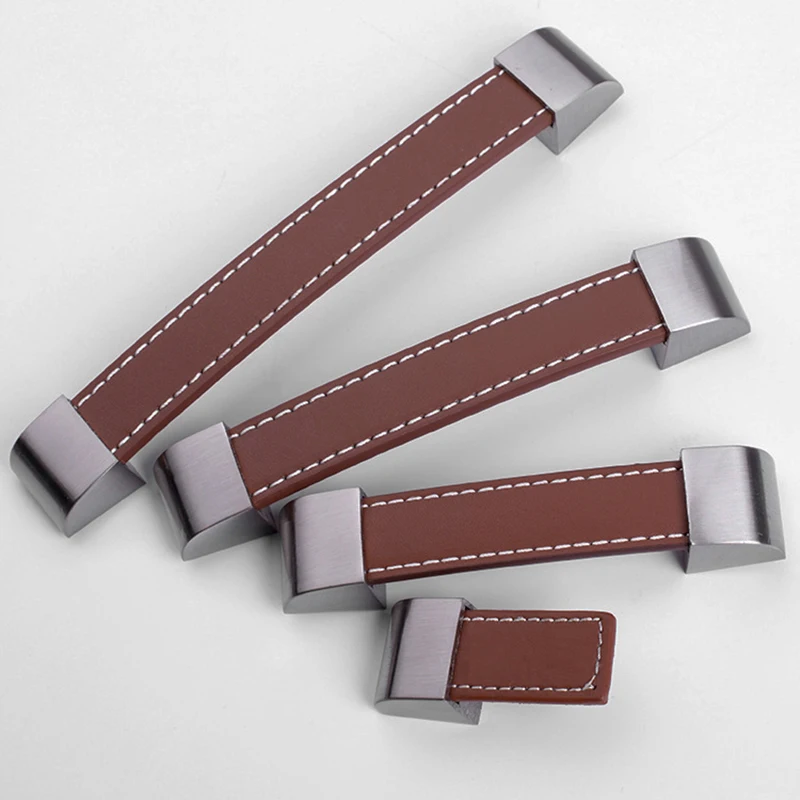 One Piece Brown Soft Leather Cupboard Door Handles & knob Kitchen Cabinet Wardrobe Drawer Pull Furniture Hardware