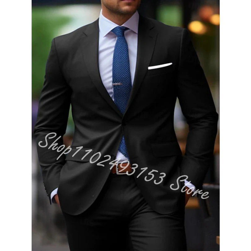 Latest Causal Blue Men Suits Set Custom Slim Fit Best Men Groom Wedding Tuxedos Business Blazer with Pants 2Pcs Costume Homme