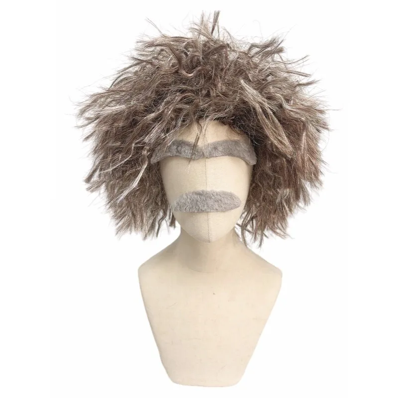 Brown Messy Curly Wig With Grey Eyebrows And Beard Synthetic Hair Einstein Style Halloween Cosplay Costume Wigs for Men Adults