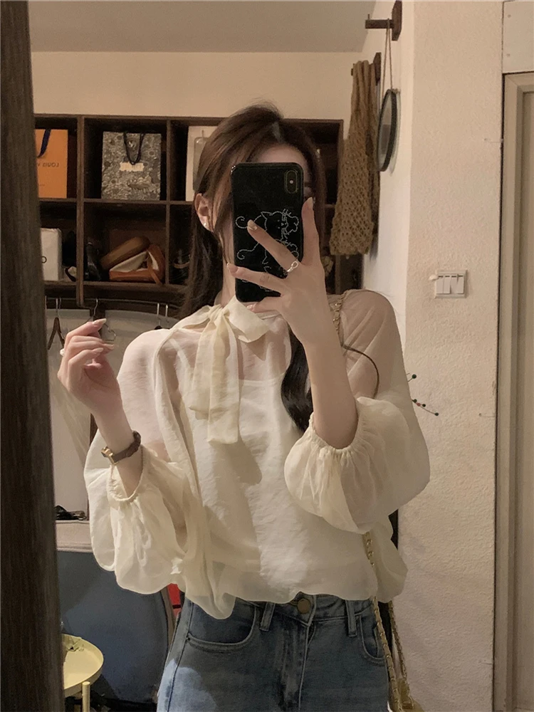 

Chic Simple Long Sve round Ne Thin Sun Protection Cover up Two Piece Set Women's Faionable Blouse with Strap Vest Inne...