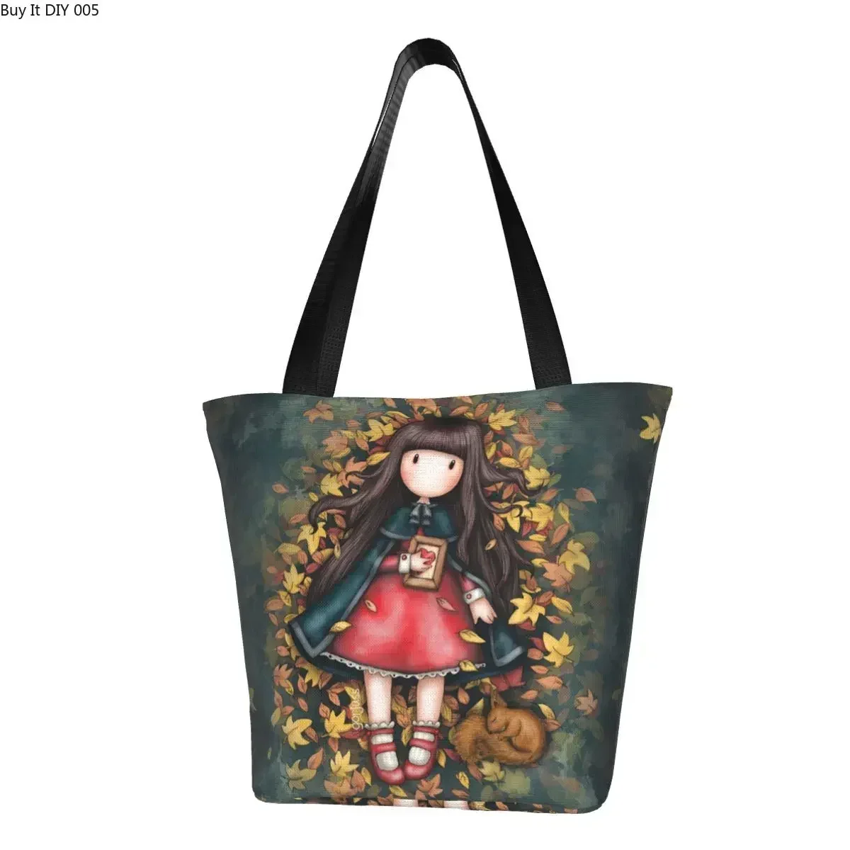 Autumn Leaves Santoro Gorjuss Grocery Shopping Bags Canvas Shopper Tote Shoulder Bag Big Capacity Portable Anime Girl Handbag