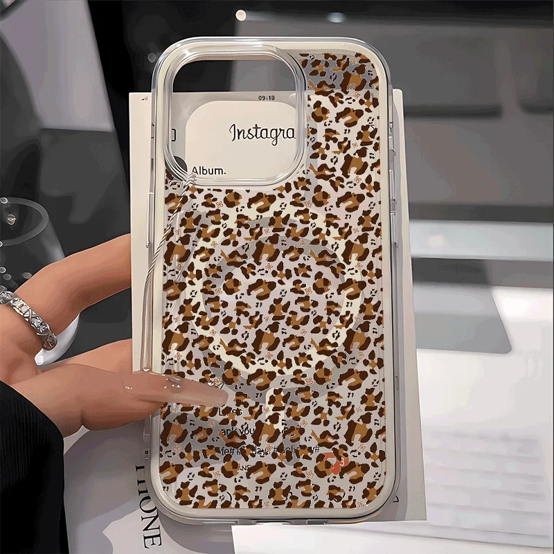 

Magnetic Case for iPhone 16 Pro Max 15 Plus 14 13 Pro 12 11 Transparent Lens Bumper Protection for MagSafe Charge Leapard Puppy