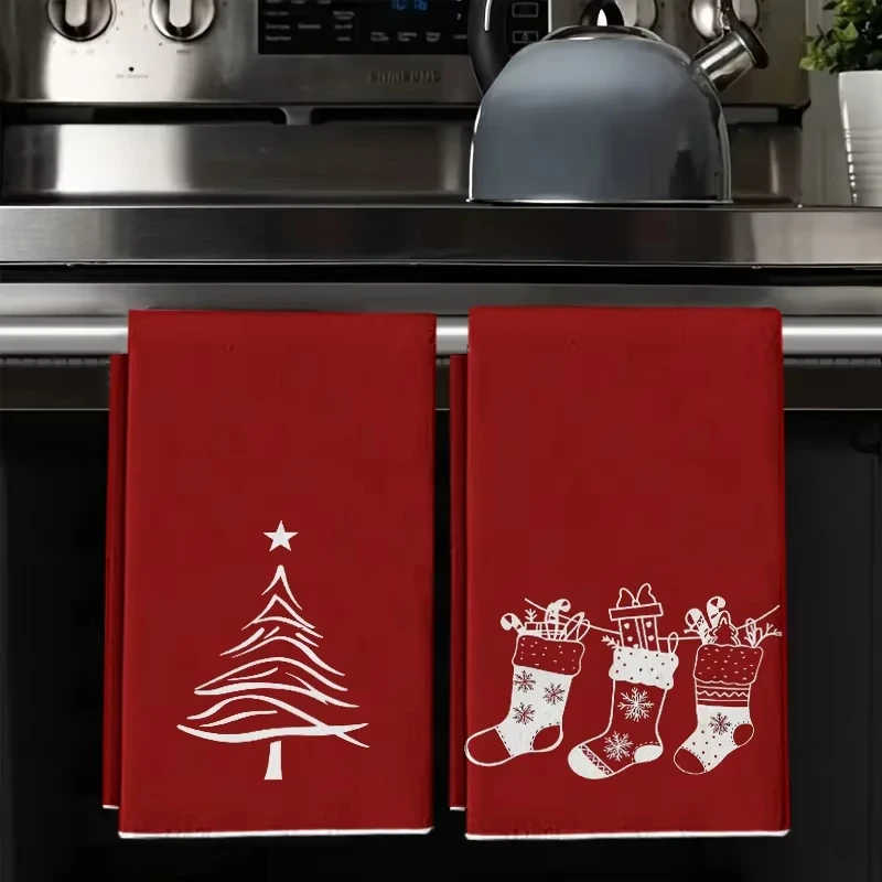 

2 шт. красное рождественское елочное полотенце, набор кухонных полотенец, рождественский праздничный подарок, незаменимый мягкий полиэстер для дома