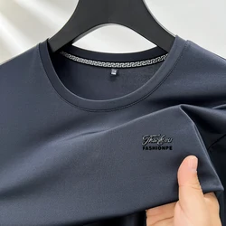 High end fashionable comfortable breathable short sleeve men's top brand letter embroidered round neck ice silk casual T-shirt
