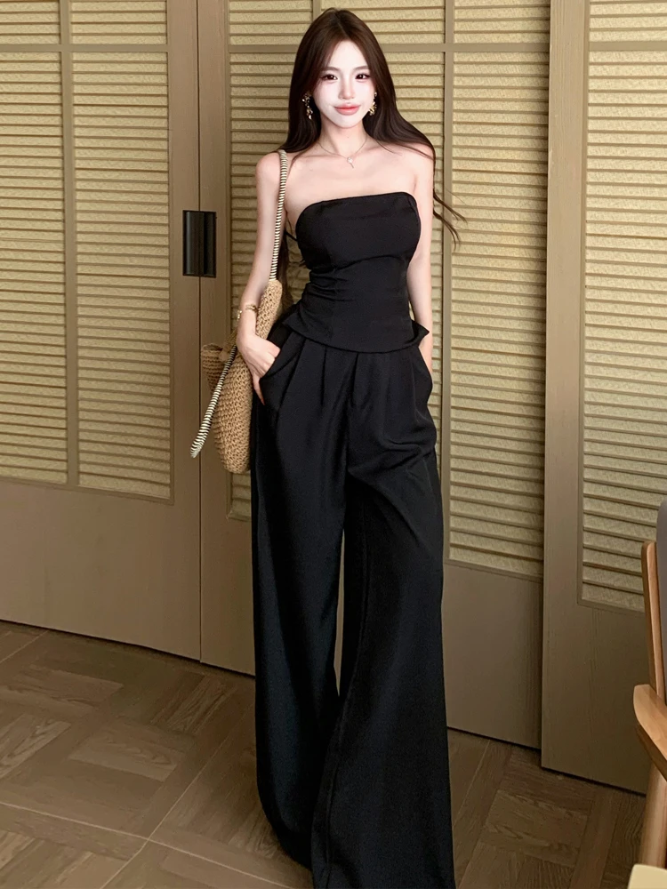 

Fashionable Sexy One-Shoulder Backless Slim Fit Tank Top And Loose Wide Leg Pants Set High Waist Low Waist Available