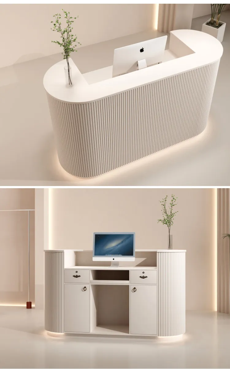 Modern Curved Reception Desk with LED Light Beige Wave Front Desk for Beauty Salon Nail Shop Spa Commercial Furniture