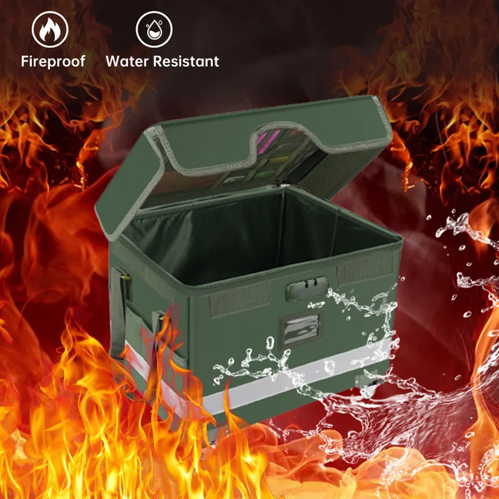 Fireproof File Box with Lock and Wheels - Waterproof File Safe, Foldable, Portable Office Home File Storage Box with Reflective