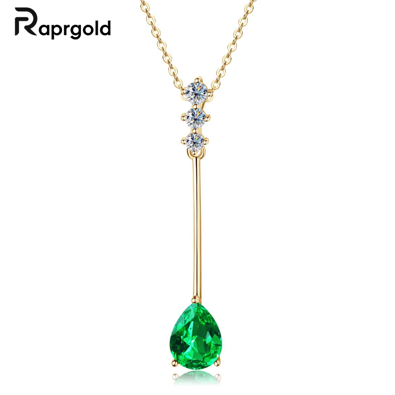 

RAPRGOLD Waterdrop Zircon Emerald Round Pendant Necklaces for Women Real S925 Sterling Silver Chains Wedding Fine Jewelry Gifts