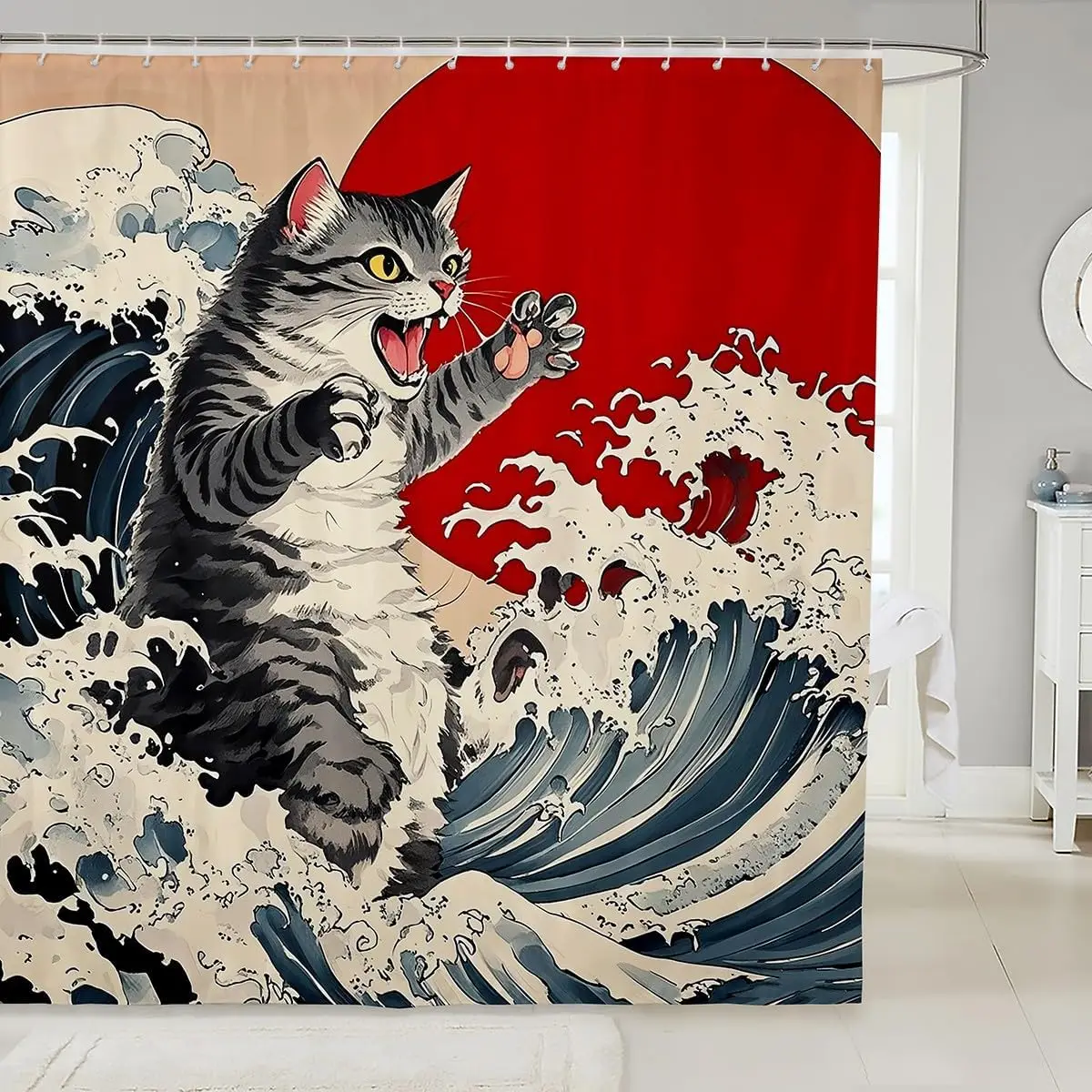 

Занавеска для душа в японском стиле, тканевая занавеска для душа с забавным котом для детей, мальчиков и девочек, тема Ukiyo-E, водонепроницаемые аксессуары для ванной комнаты