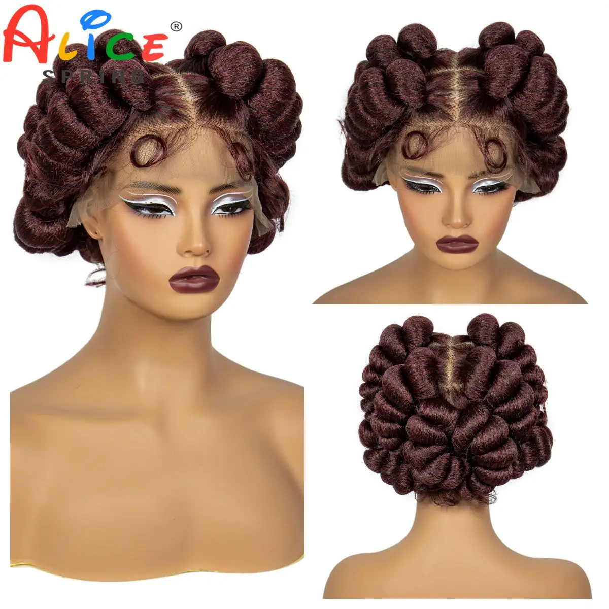 Burgundy 99J Handmade Bantu Braided Wigs with Baby Hair Short Cute Synthetic Full Lace Knotless Braided Lace Wig For Black Women