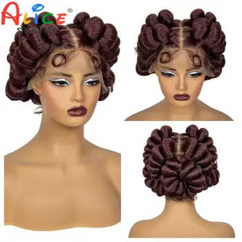 Pelucas trenzadas Bantu hechas a mano Borgoña 99J con pelo de bebé, peluca de encaje trenzado sin nudos de encaje sintético corto y bonito para mujeres negras