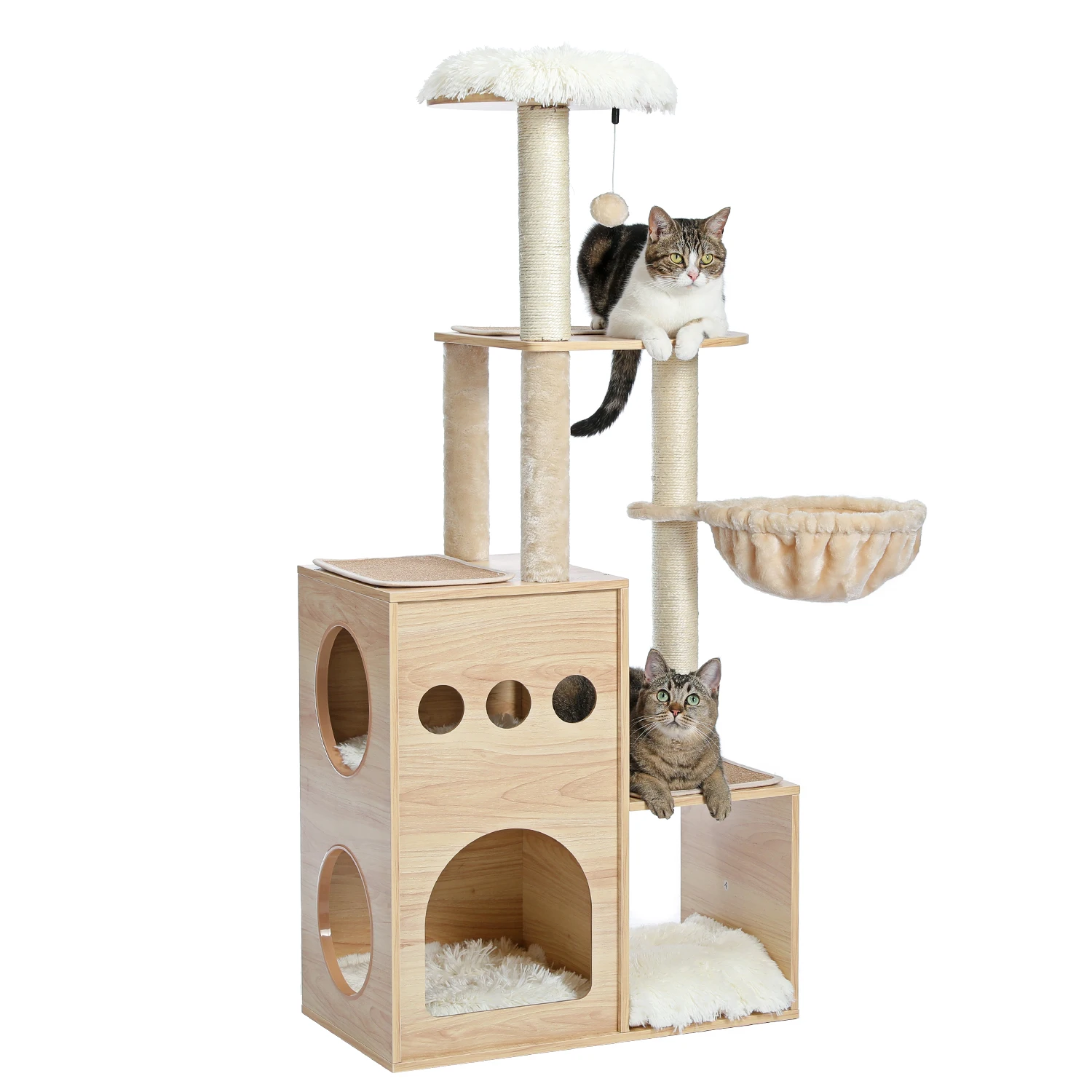 Modern Wooden Cat Tree for Indoor Cats Multi-Level Tower with Scratching Post Luxury Perches Spacious Condo and Hummock for Rest