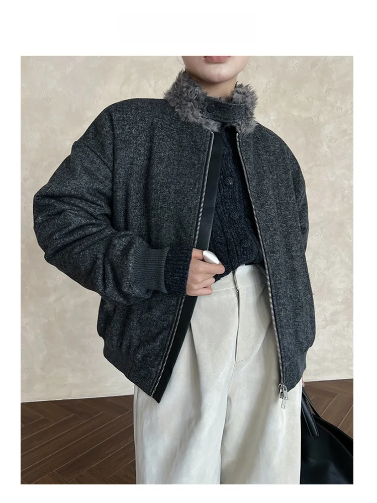 

American Street Sle Woolen Cotton Jaet with Faux Fur Collar Color Blo Retro Design Long Sve Zipper Closure Women's Coat