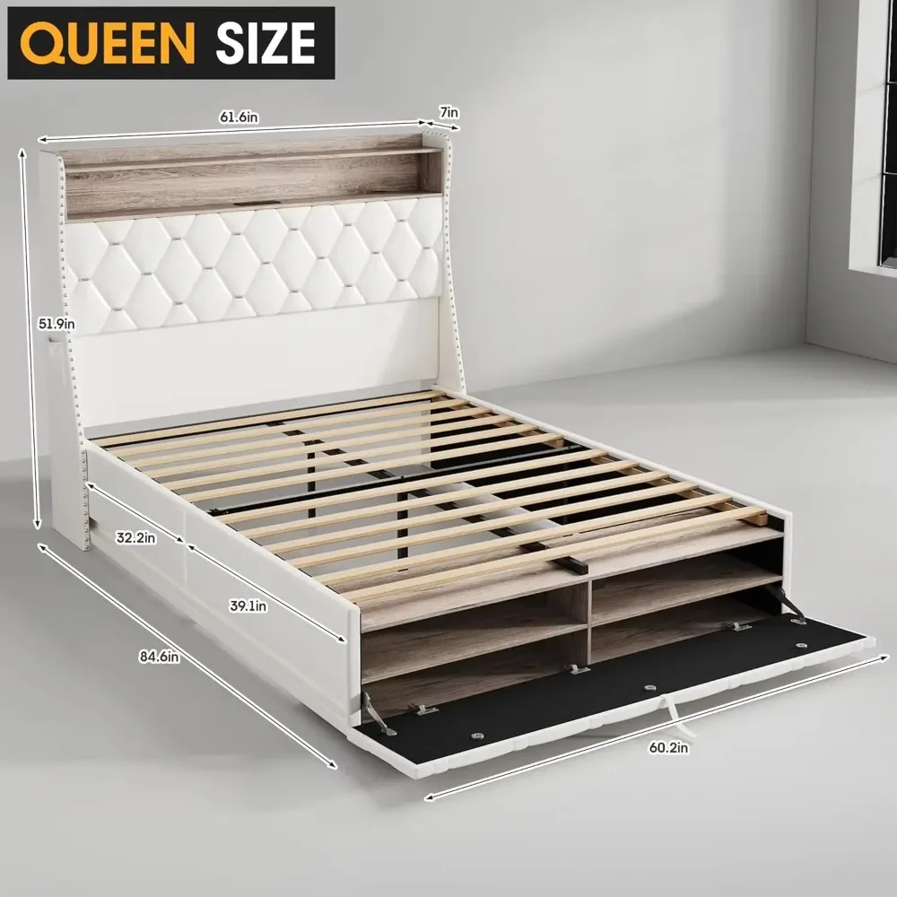 Fameill Queen Bed Frame Metal Platform Bed With Storage Cabinets Footboard, 51.9