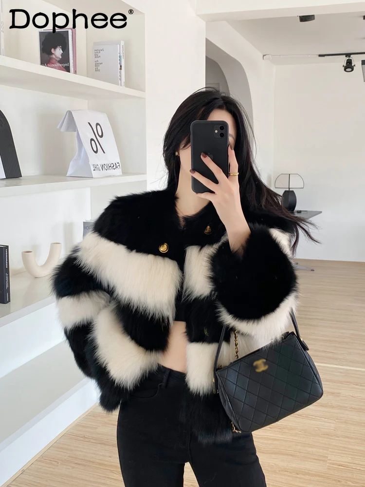 Black White Contrast Color Fur Integrated Imported Fox Fur Coat Female 2023 Winter New Fashion Short Round Neck Real Fur Coat