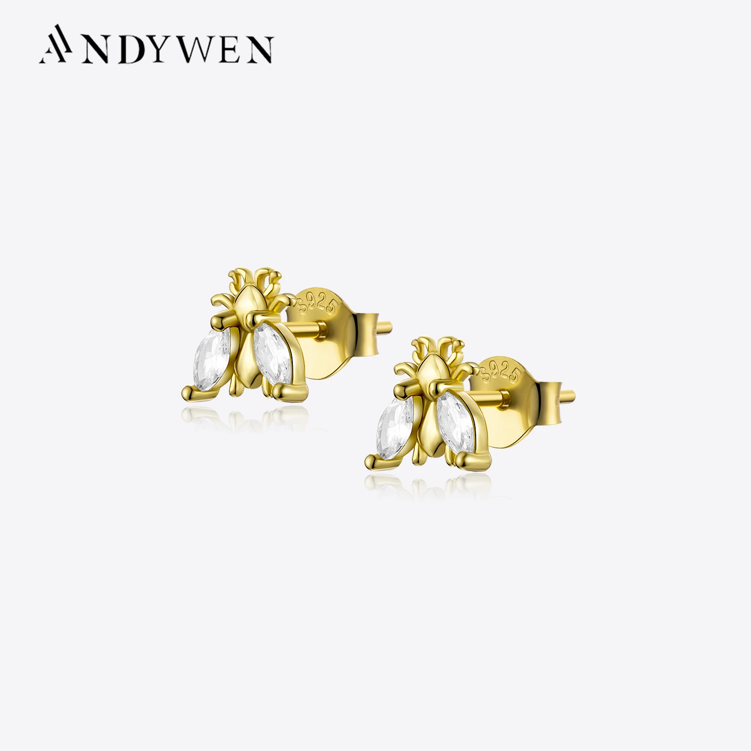 ANDYWEN 925 Sterling Silver New Bees Stud Earring Piercing Rock Punk Fashion Piercing Luxury Zircon Ohrringe Pendiente Animal