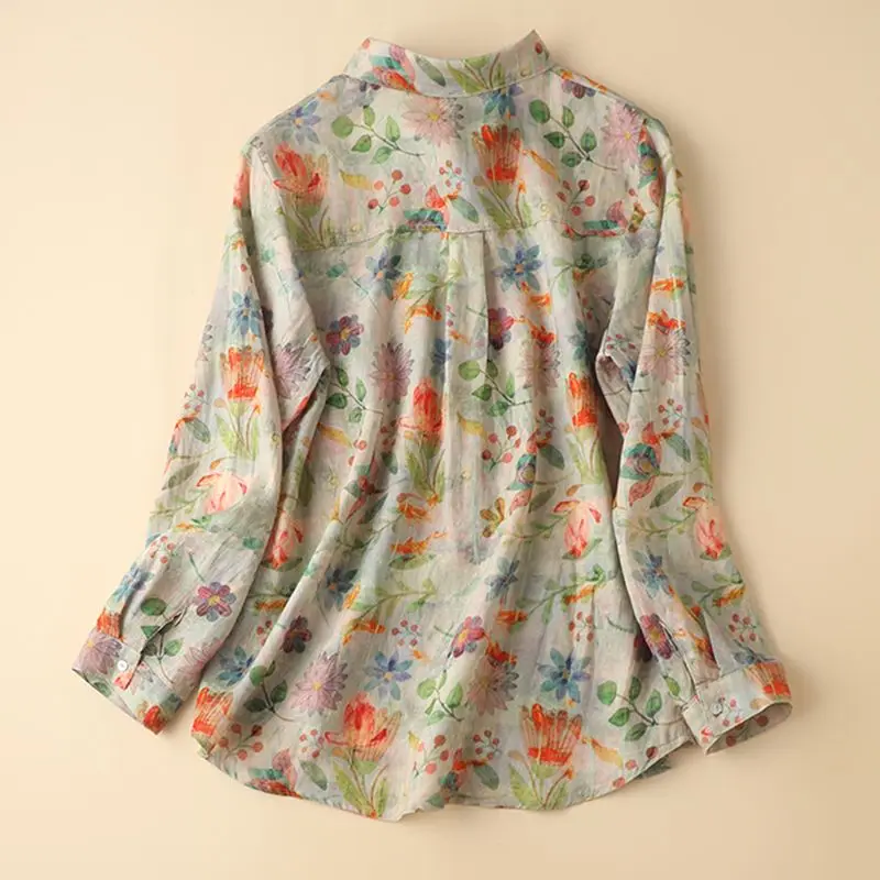 

Spring New Flower Vintage Loose Blouse Women Chinese Style Fashion Women's Linen Long Sleeved Trend Printed Shirt