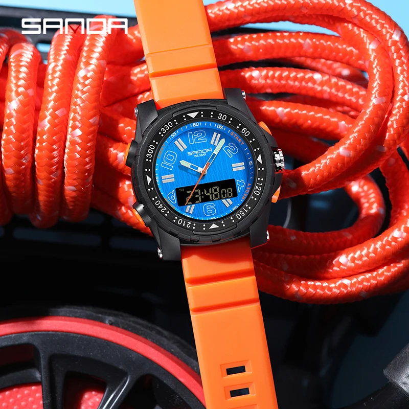 SANDA 3375 Men's Luxury Electronic Watch Dual Display Multifunctional Sports Wristwatch Waterproof LED Backlight Student Watch