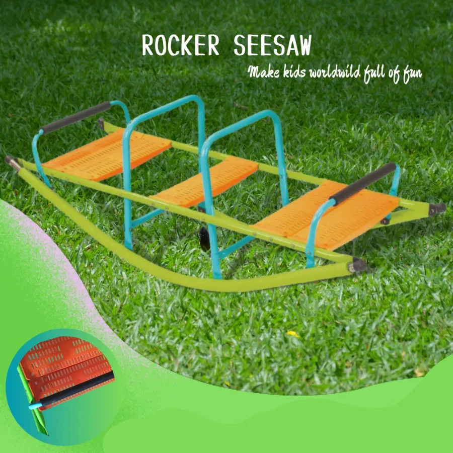 high quality kids seesaw plastic seat playground equipment blue and green steel tube for kids age 3+