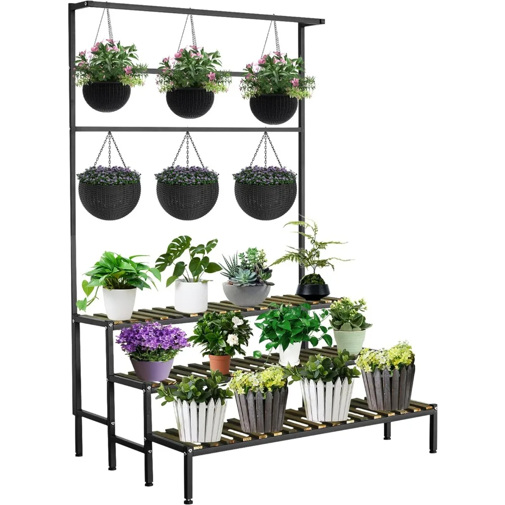 Large Plant Shelf Indoor Outdoor, 3 Tier Heavy Duty Hanging Plant Stand with Bar 39